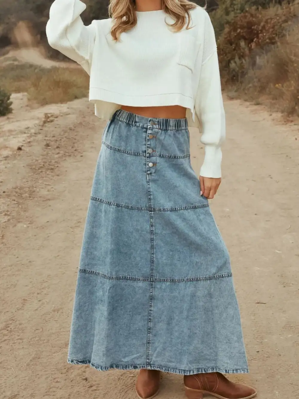 Button-Front Tiered Maxi Skirt