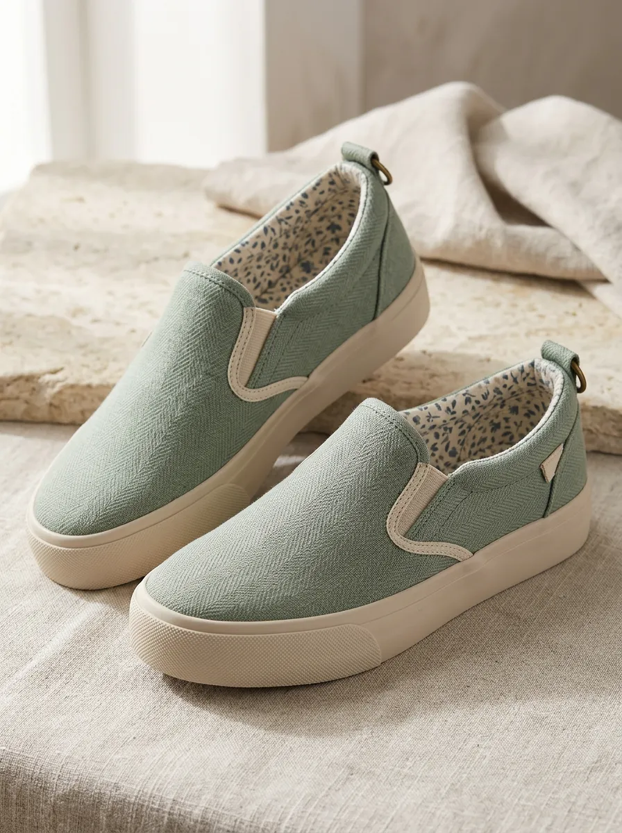 Women's Sage Green Herringbone Floral Lining Printed Slip-on Shoes