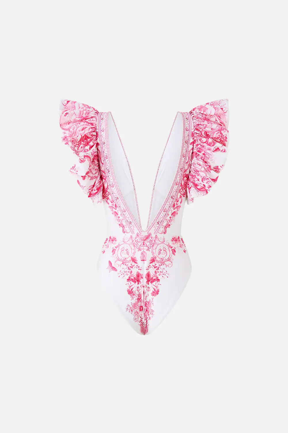 Plunge One-Piece Swimsuit with Pleated Ruffle Sleeves