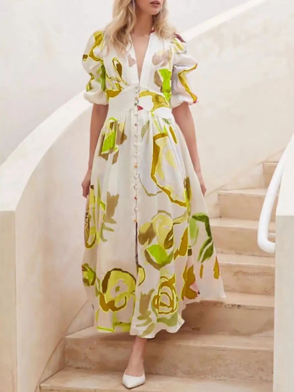 Abstract Print Puff Sleeve Midi Dress