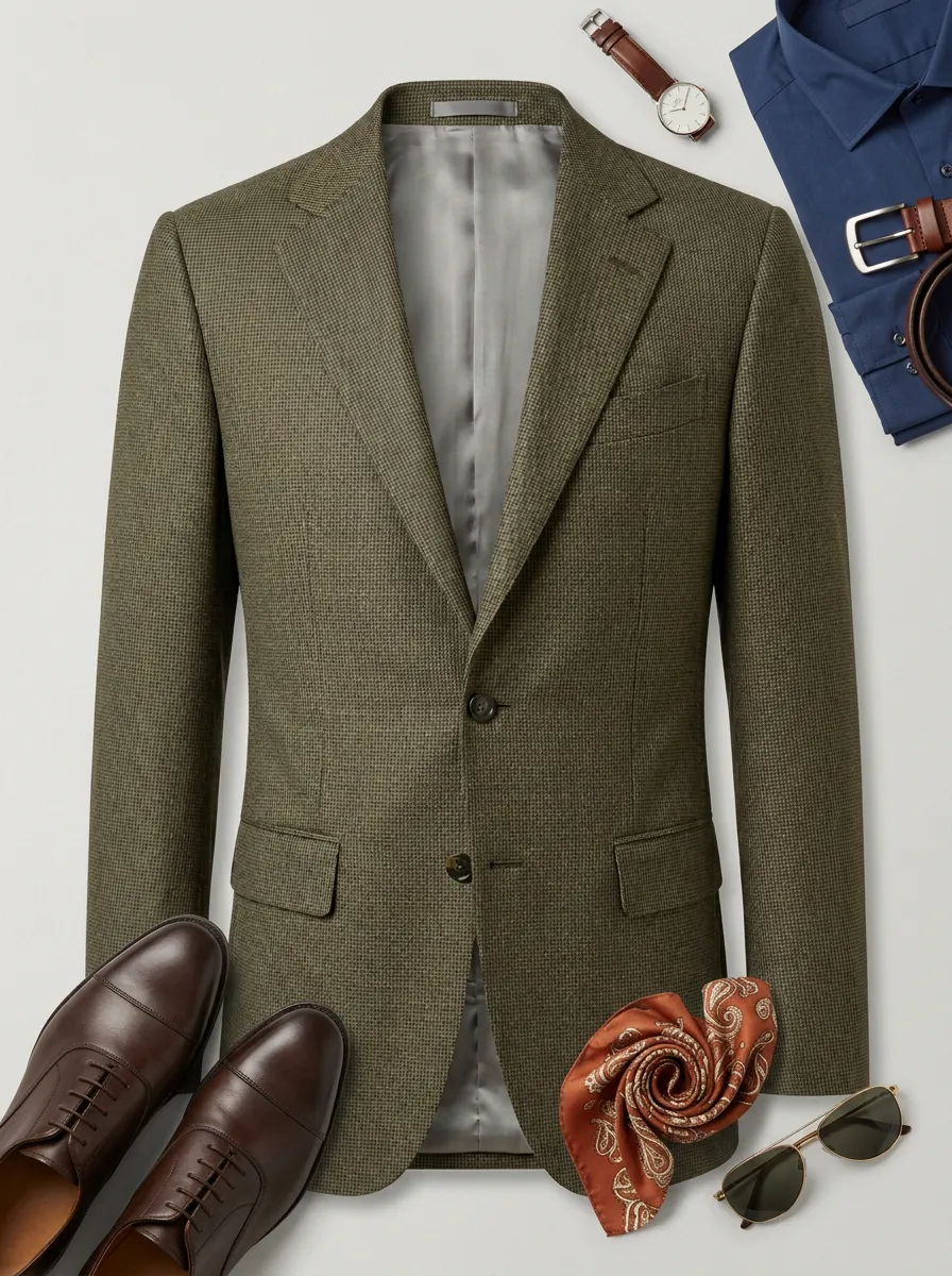 Notch-Lapel Two-Button Houndstooth Micro-Check Men's Tailored Blazer Jacket