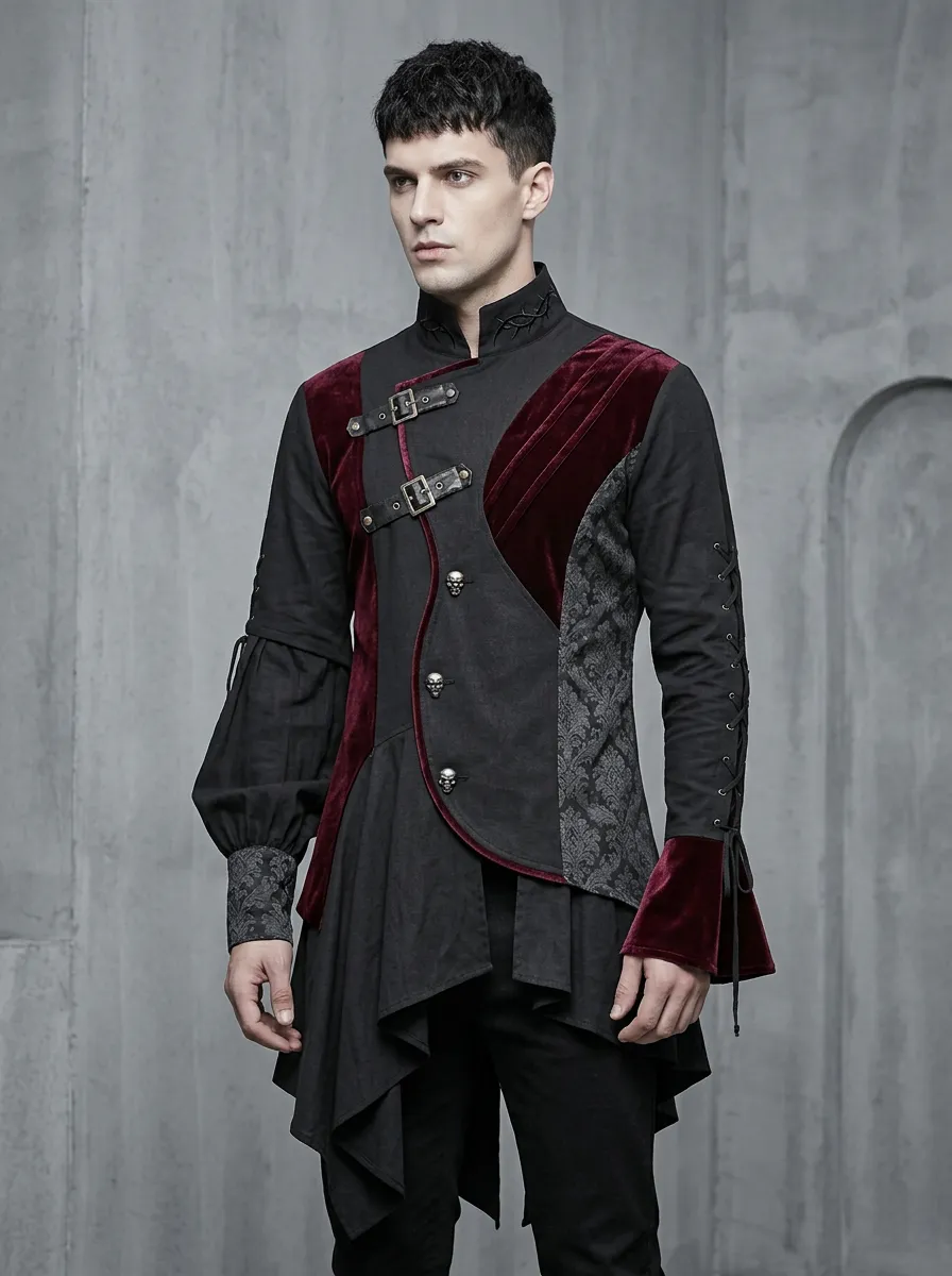 Dramatic Skull Damask Velvet Edit Men's Gothic Asymmetric Shirt