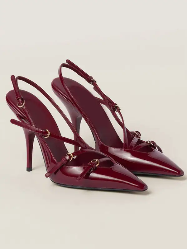 Buckle Cutout Pointed-Toe Panel Detail Slingback Heeled Sandals