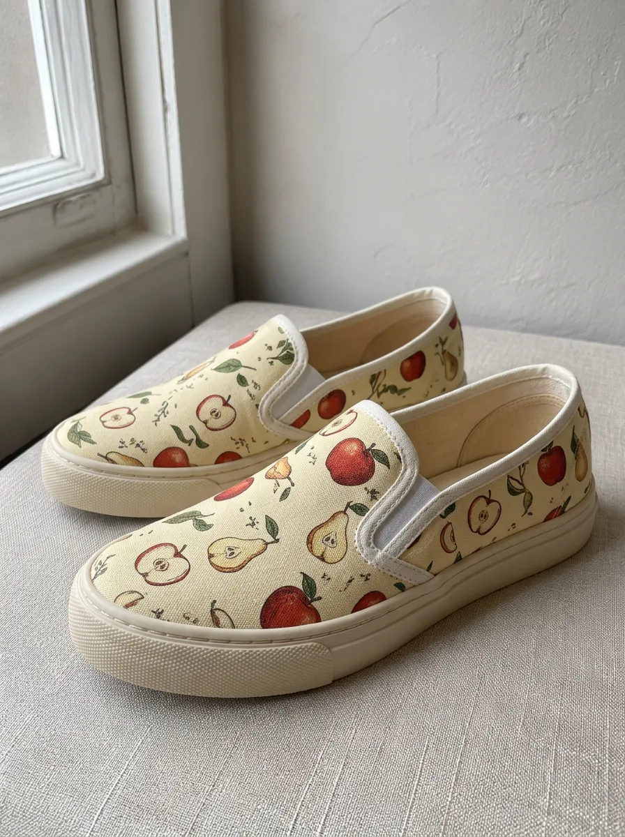 Women's Fruit Lover Apple Pear Printed Canvas Slip-on Shoes