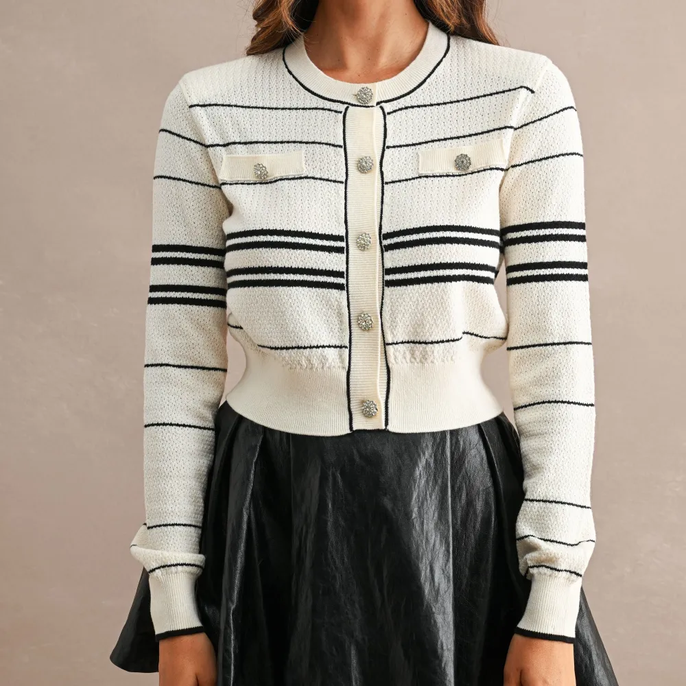 Classic Ribbed Button Front Striped Cardigan