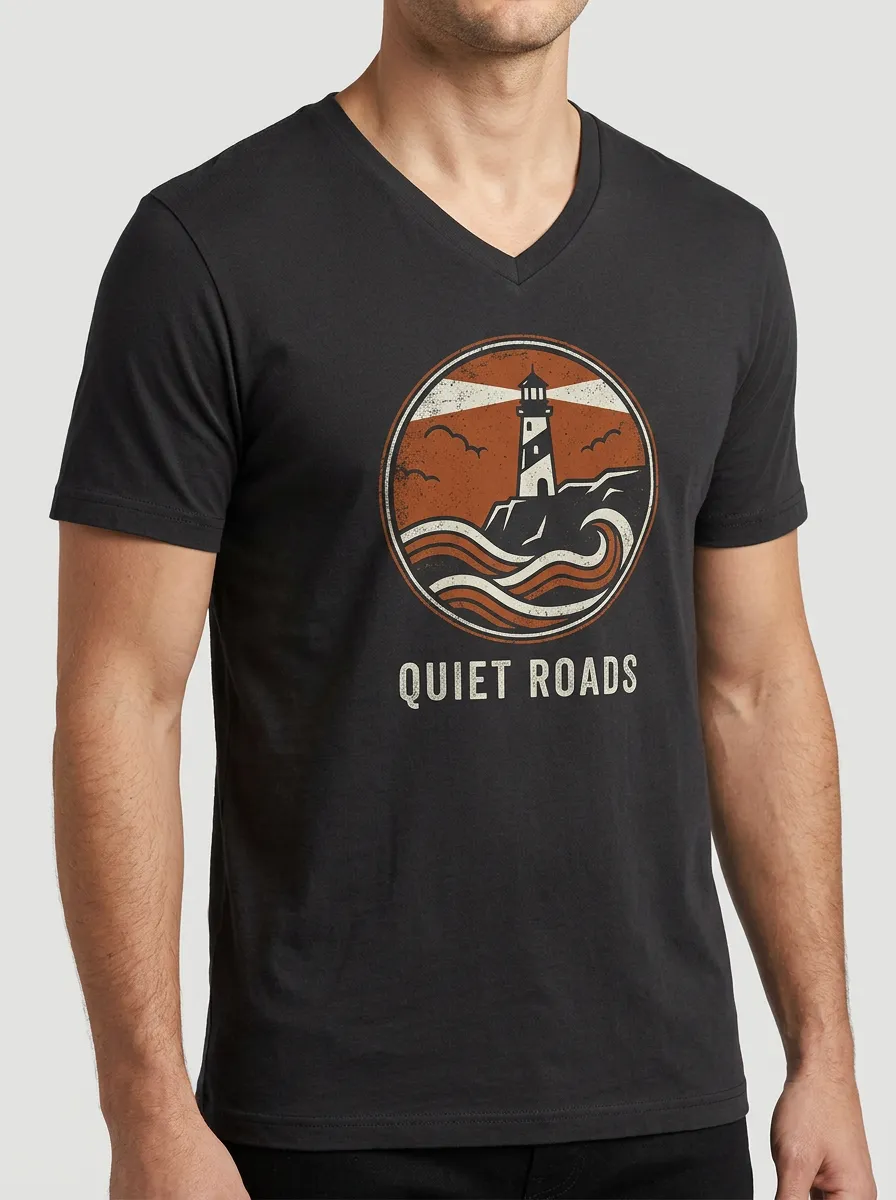 Men's Quiet Roads Lighthouse Ocean Printed V-Neck T-Shirt