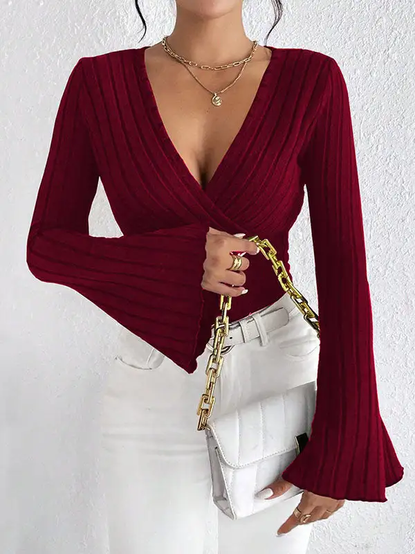 Flared Sleeve Long Sleeve Panel Detail Deep V-Neck T-Shirt