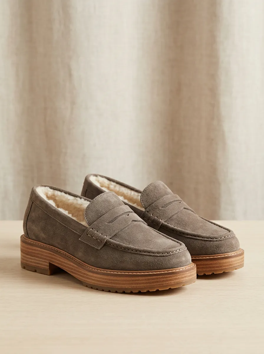 Winter Faux Fur Lined Suede Wood Platform Loafers