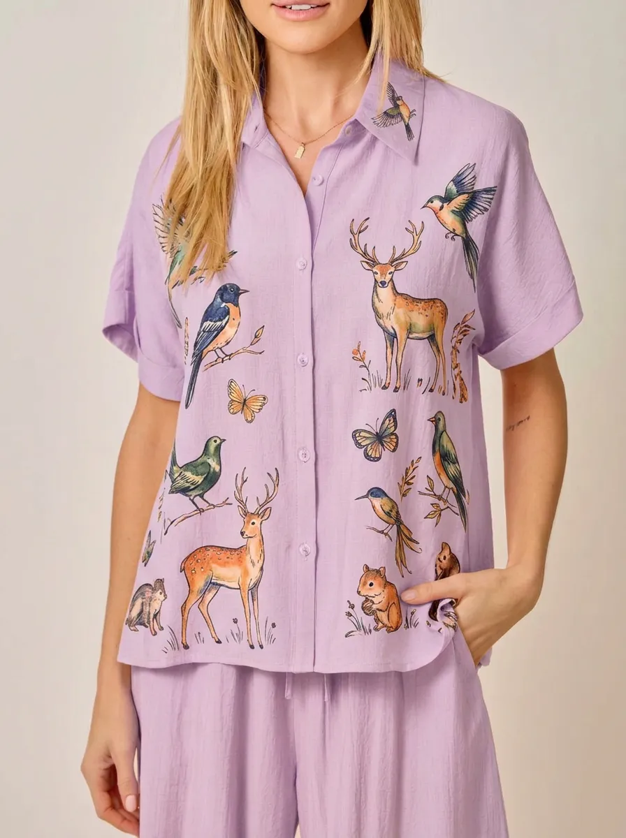 Women's Nature Deer Bird Butterfly Graphic Button-Up Shirt