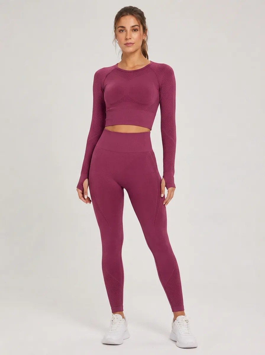 Women's Fitness Gym Workout Burgundy Seamless Printed Yoga Set