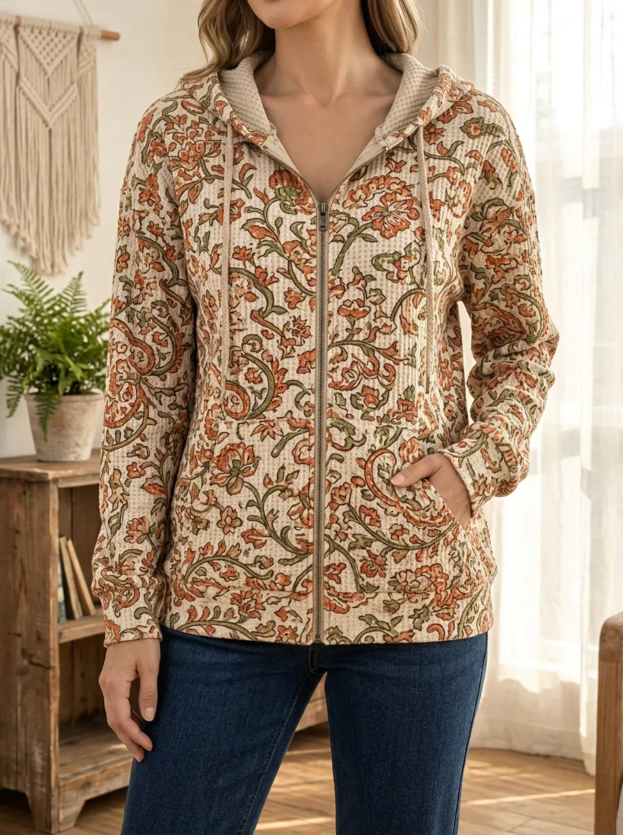 Women's Vintage Floral Waffle Knit Printed Zip Up Hoodie