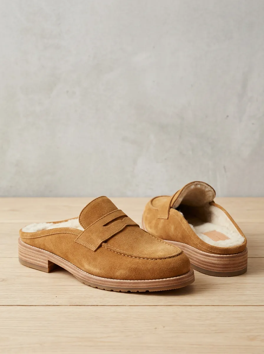 Women's Classic Faux Fur Lined Clog Style Casual Suede Wood Sole Loafers