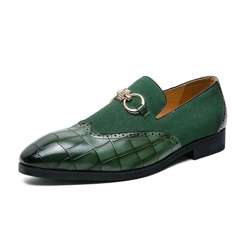 Men's Plaid Leather Patchwork Buckle Decor Slip On Pointed Toe Loafers Shoes