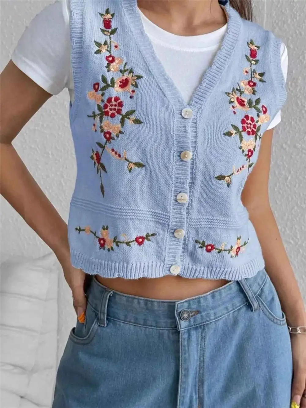 Embroidered Button-Up Sweater Vest