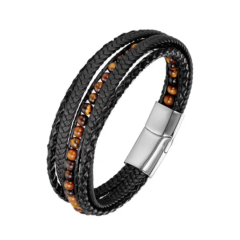 Hematite Agate Tiger Eye Amazonite Beaded Leather Bracelet