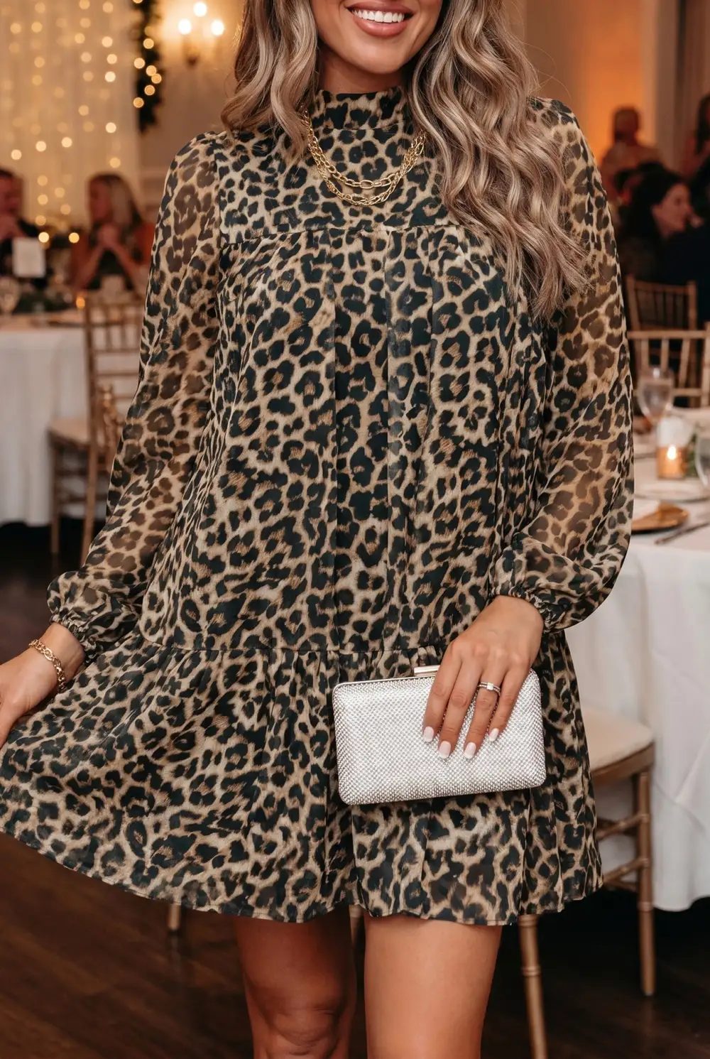 Leopard Print Long Sleeve Short Shift Dress