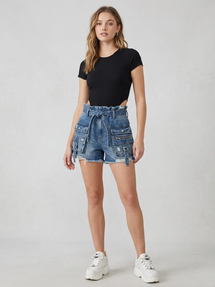 Women's Casual Fashion High-Waisted Cargo Denim Shorts