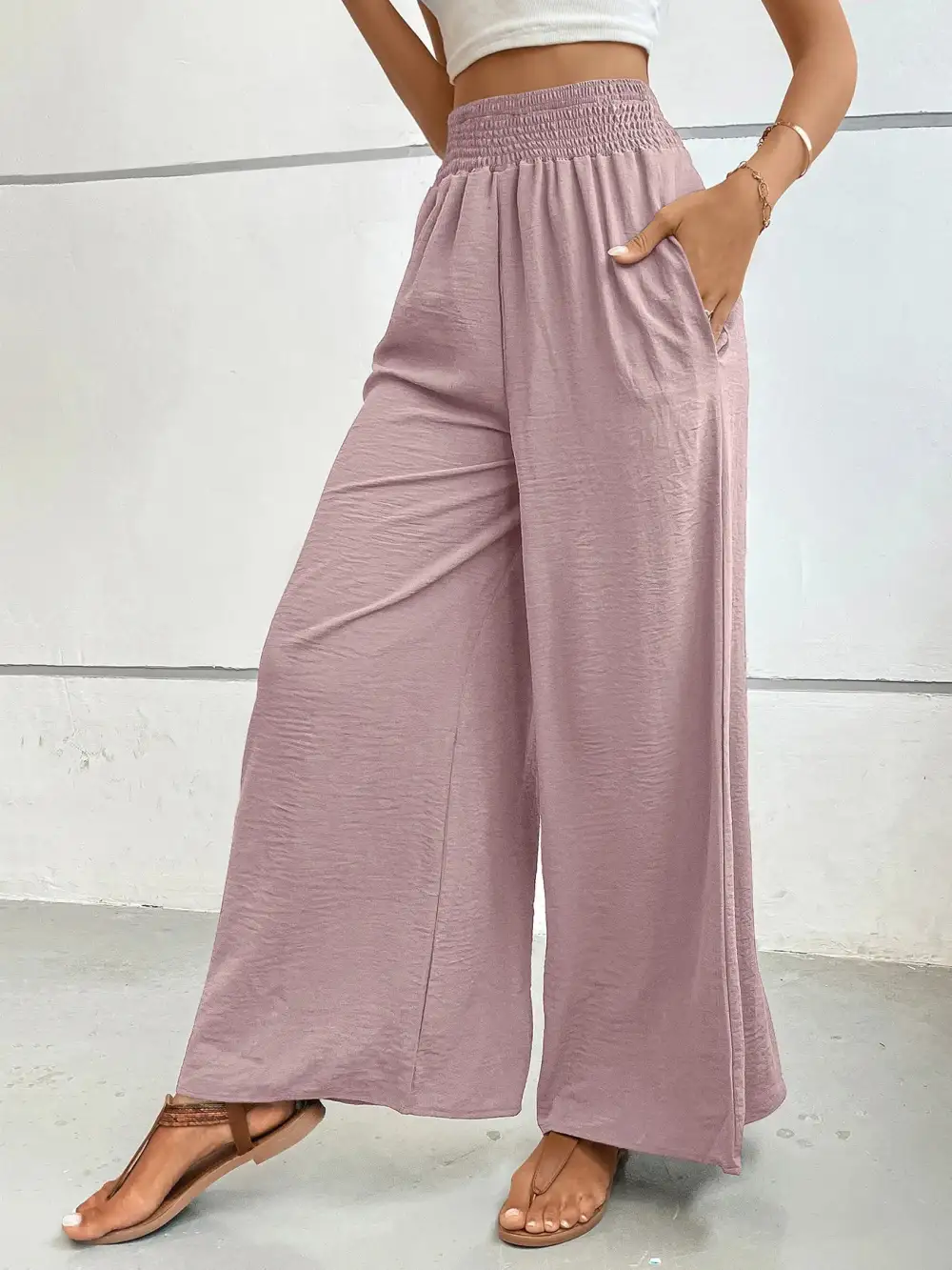 Wide Leg High Waist Cropped Smocked Waist Pants