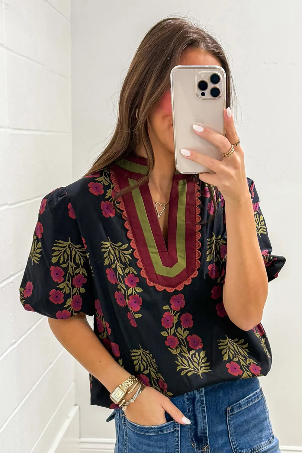 Black Floral Short Bubble Sleeve Blouse
