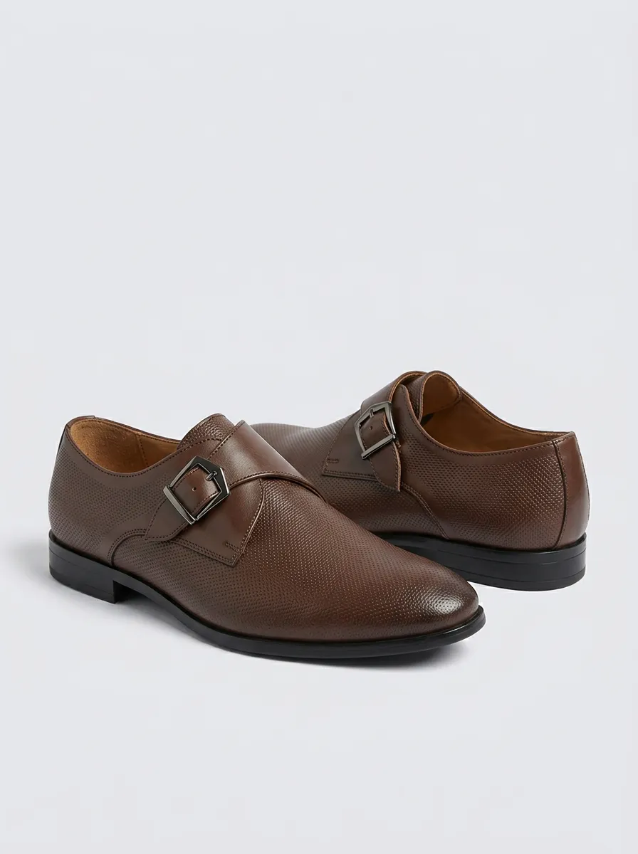Men's Business Formal Textured Buckle Monk Strap Leather Shoes