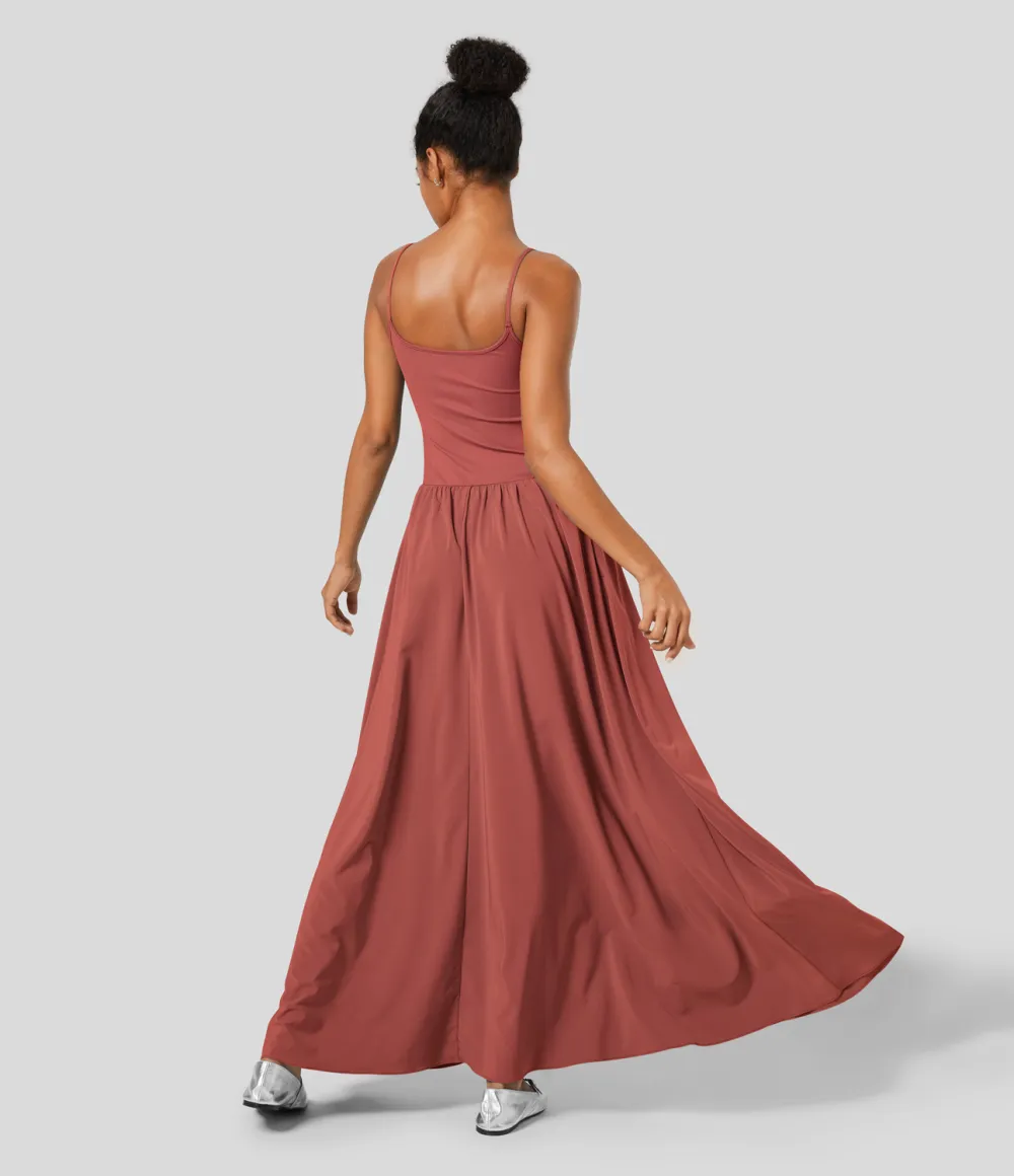 Breezeful Backless Side Pocket Plicated Flowy Flare Maxi Quick Dry Casual Slip Dress