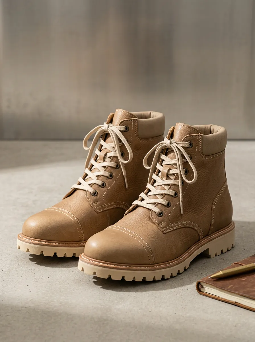 Unisex Casual Outdoor Tan Leather Lace-up Combat Boots