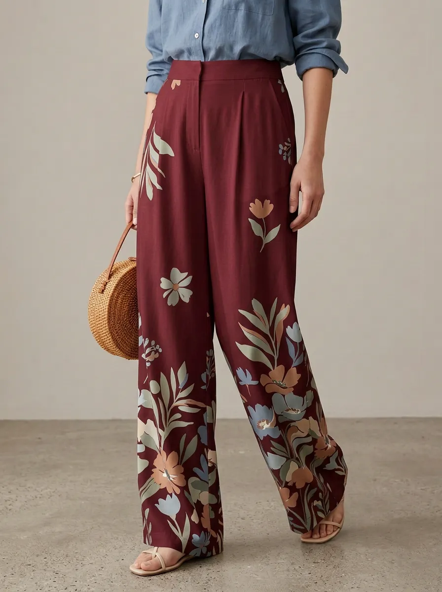 Women's Off-White Floral Print Blue High-Waisted Wide-Leg Trousers