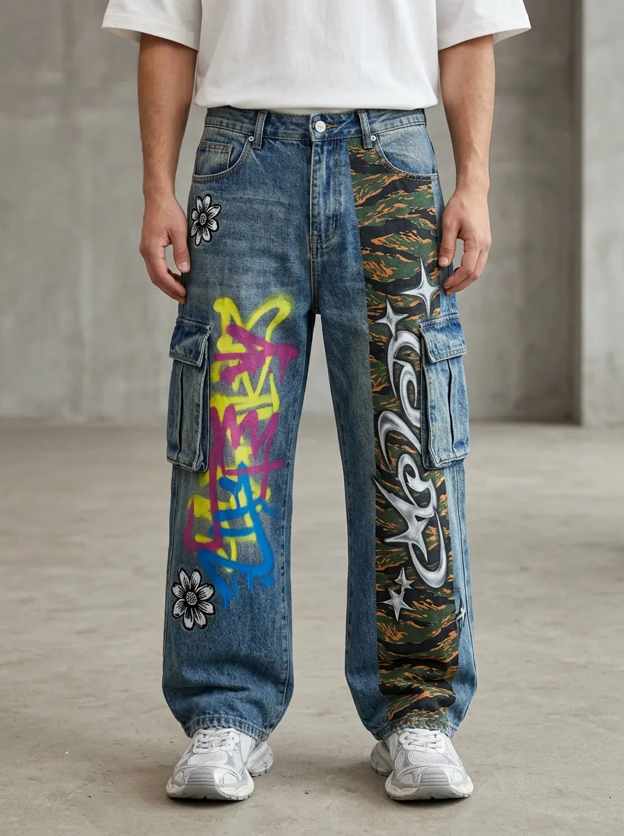 Men's Streetwear Graffiti Flower Camo Graphic Cargo Jeans