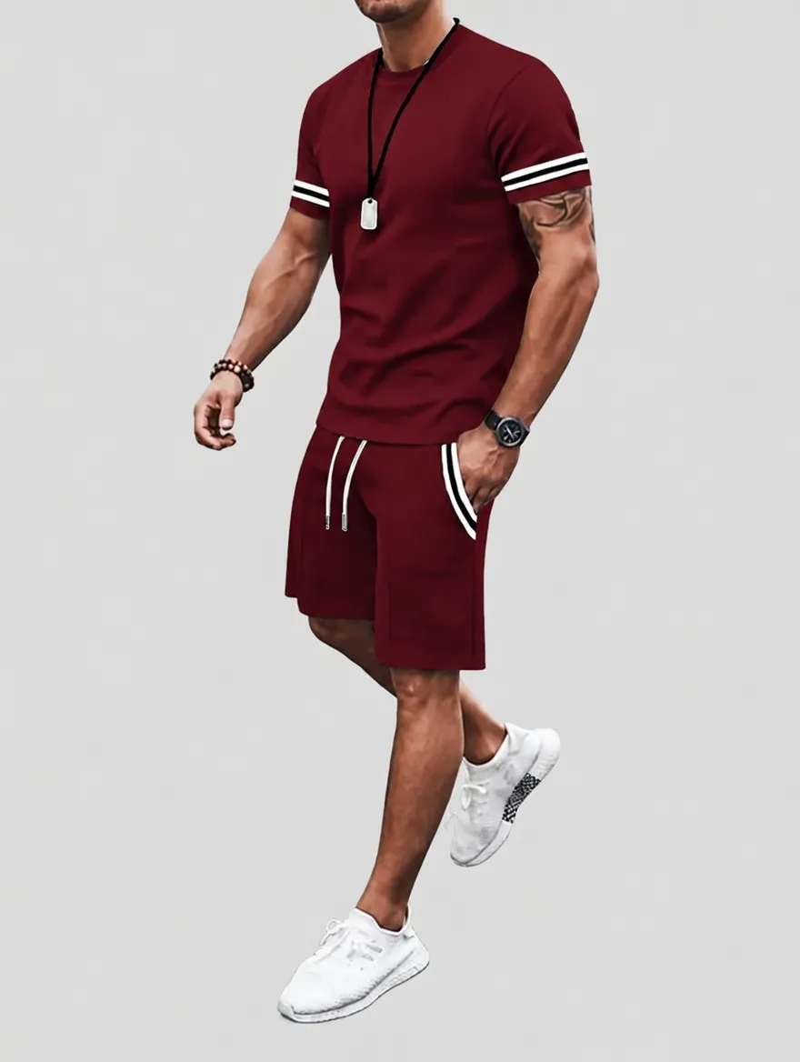 Men's Two-Piece Set: Color-Contrast Trim T-Shirt and Drawstring Shorts