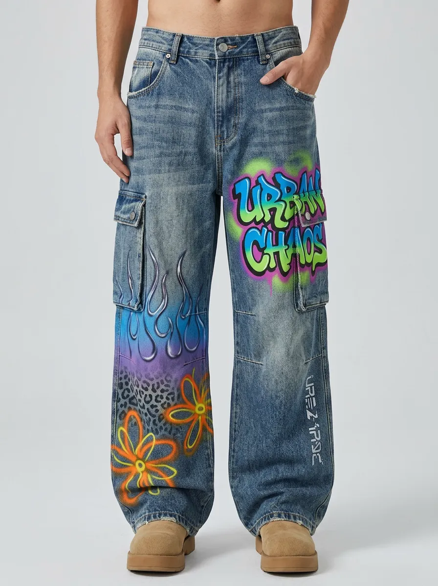 Men's Urban Chaos Graffiti Flame Floral Graphic Cargo Jeans