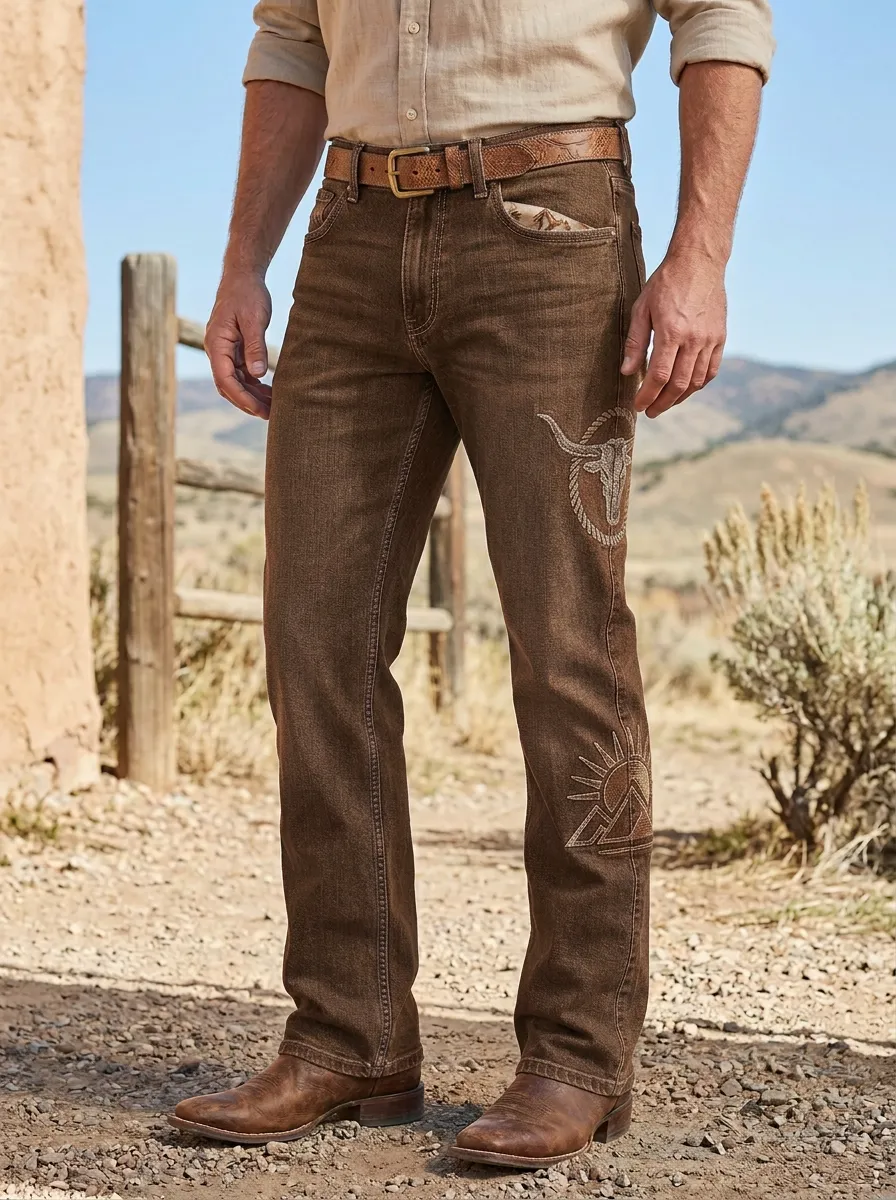 Men's Western Cowboy Sun Skull Mountain Jeans