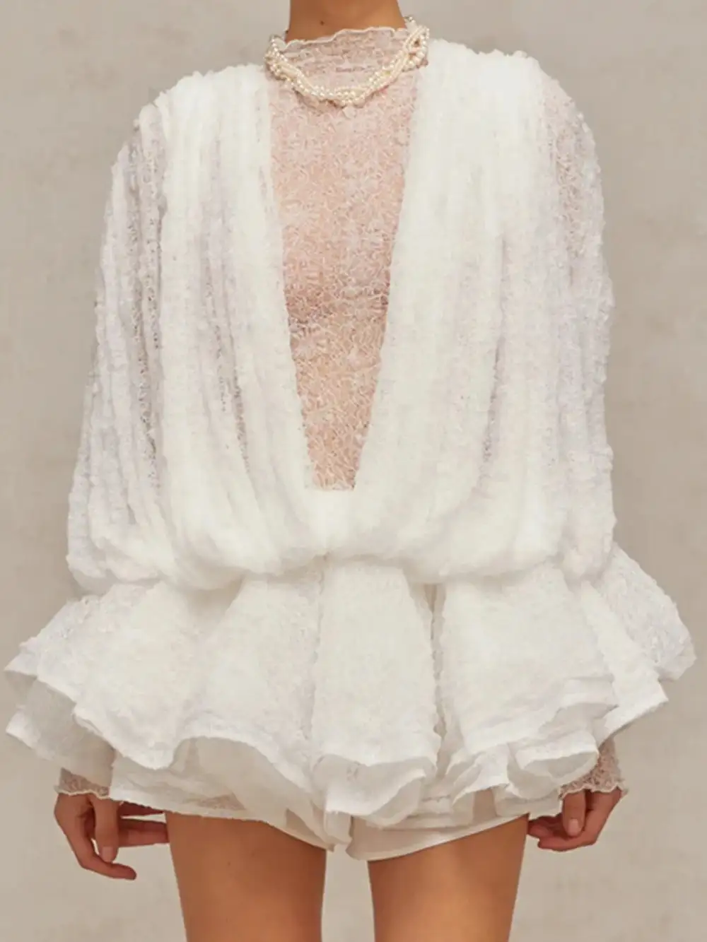 Structured Shape Lace Ruffle Mini Dress
