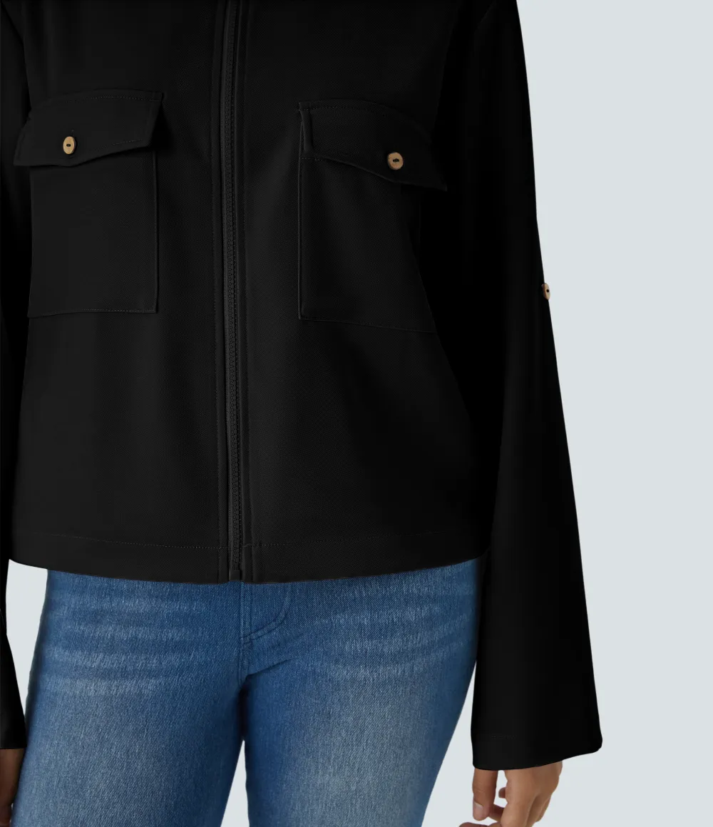 Stand Collar Roll Tab Sleeve Flap Pocket Inside Drawstring Hem Zip Casual Jacket