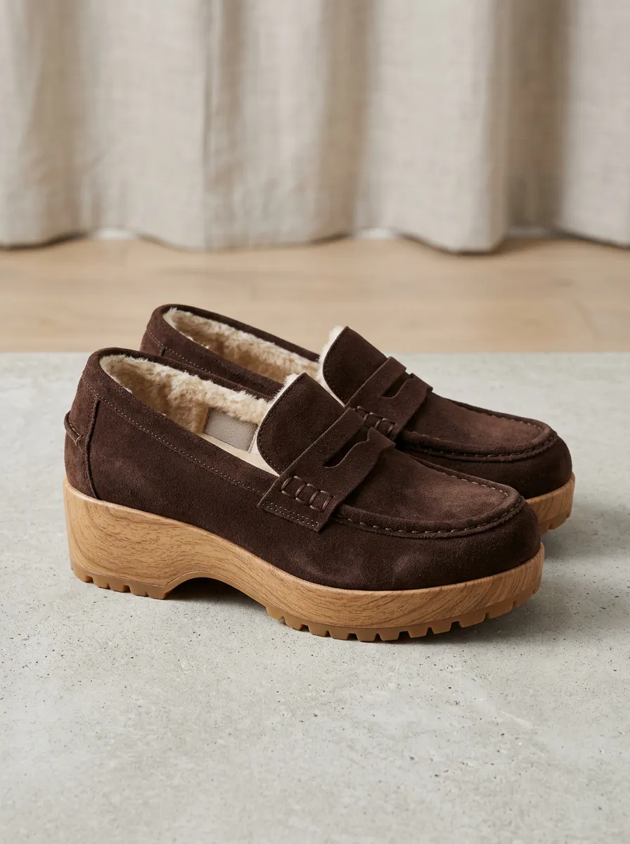 Women's Utility Faux Fur Lined Platform Suede Wood Sole Loafers