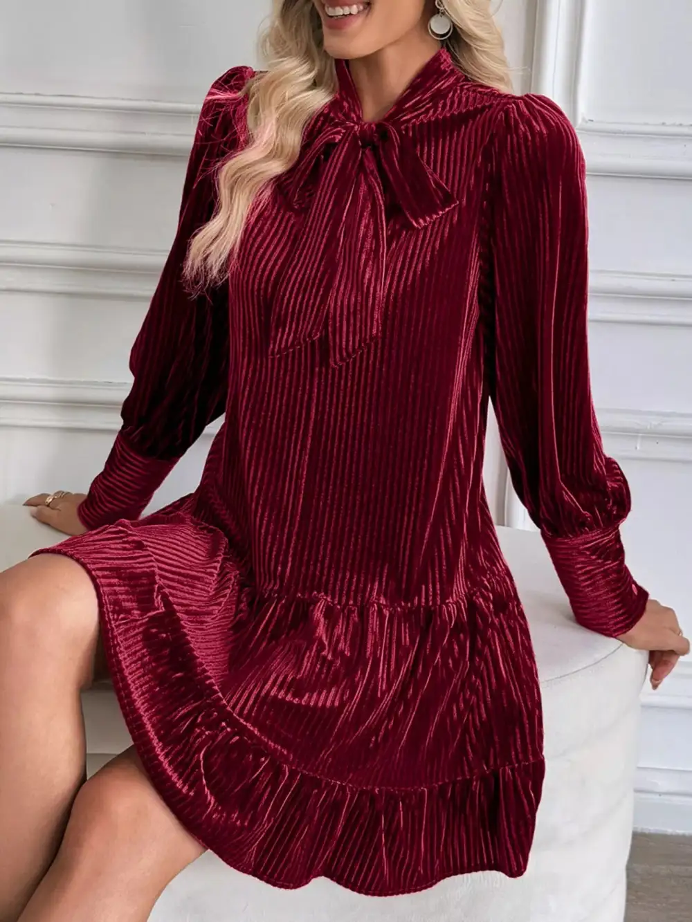 Gathered Detail Velvet Tiered Mini Dress