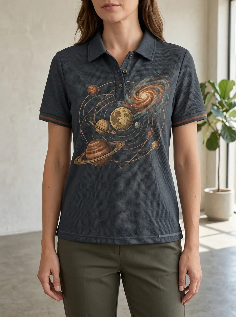 Women's Astronomy Lover Solar System Galaxy Printed Polo Shirt