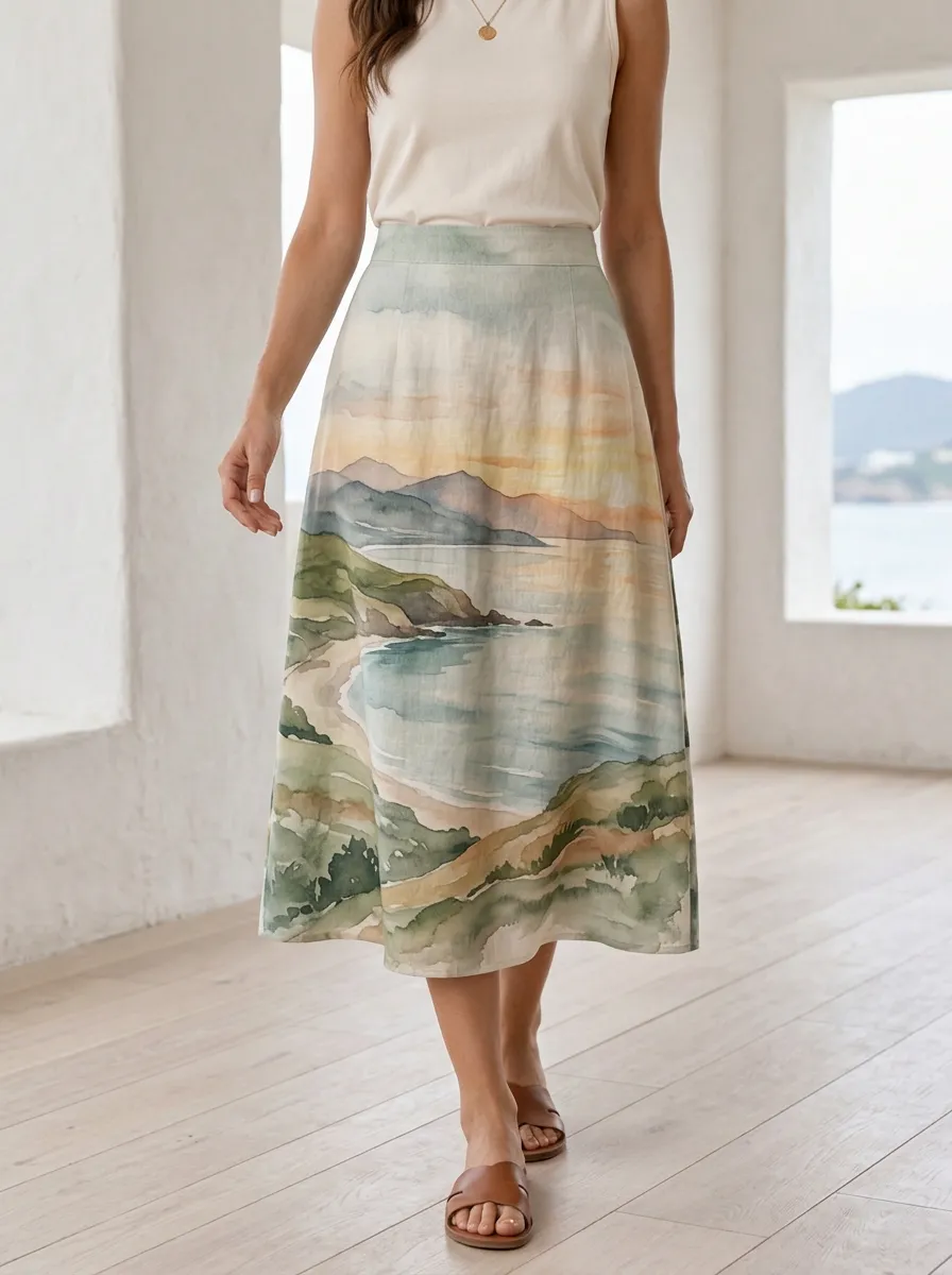 Women's Coastal Landscape Print A-Line Midi Skirt