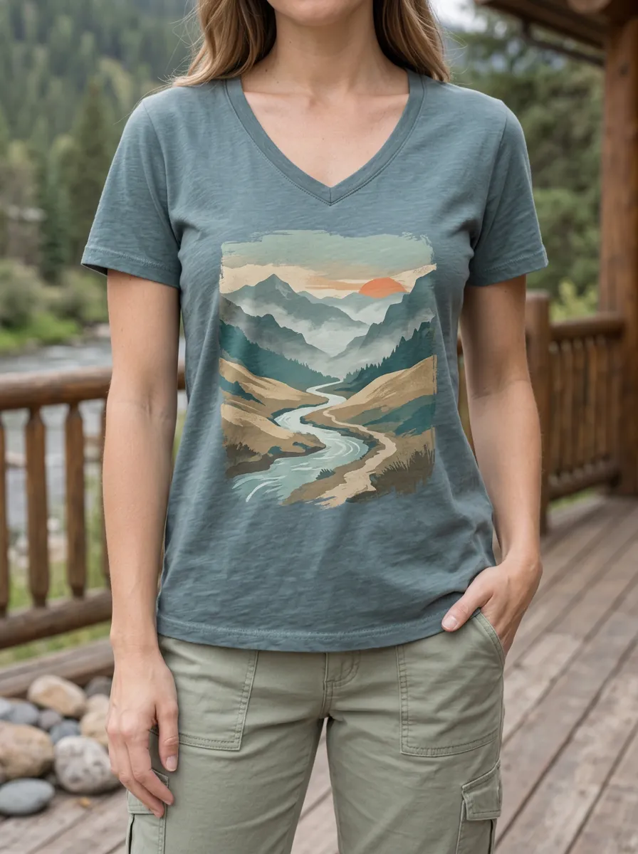 Women's Nature Lover Mountain River Sunset Printed V-Neck T-Shirt
