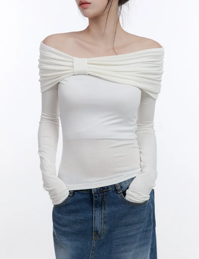Shirred Off-Shoulder Solid T-Shirt