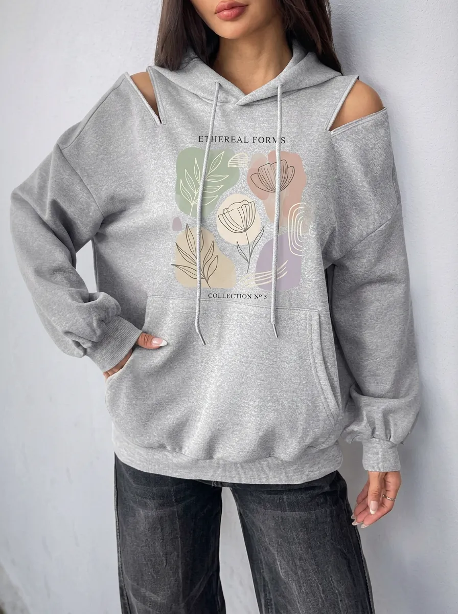 Women's Aesthetic Floral Abstract Art Printed Cold Shoulder Hoodie