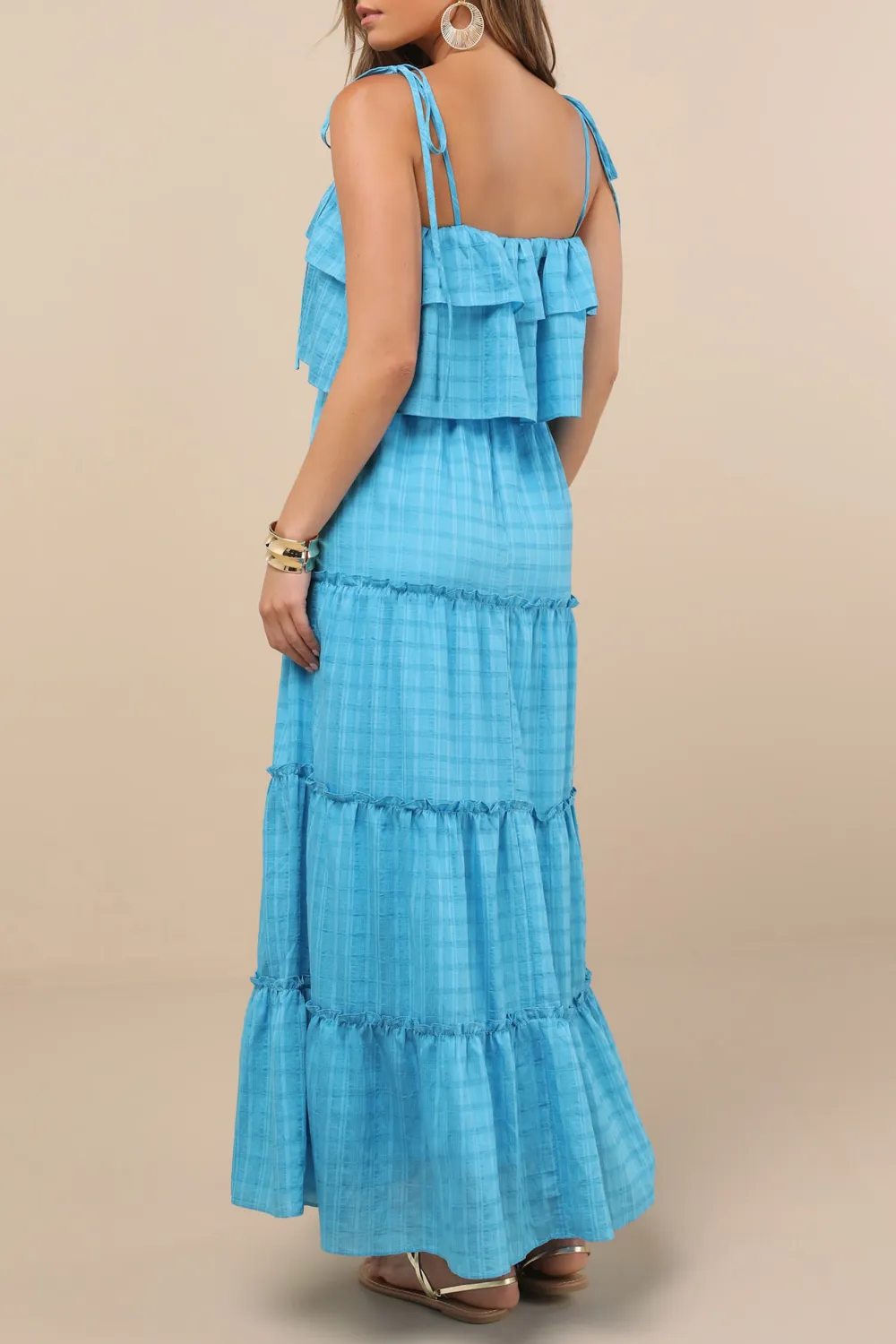 Casual Style Textured Tie-Strap Tiered Maxi Dress