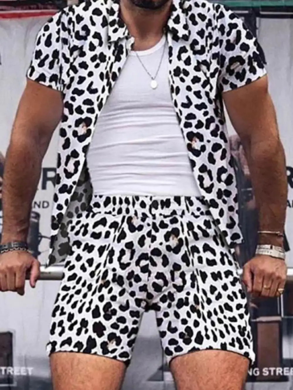 Button Up Leopard Pattern Shirt And Shorts Set