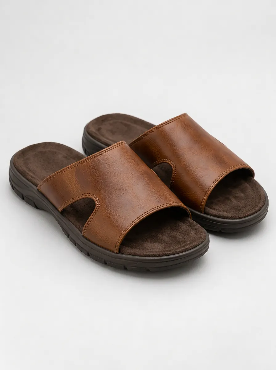 Men's Relaxed Faux Leather Graphic Detail Casual Slides