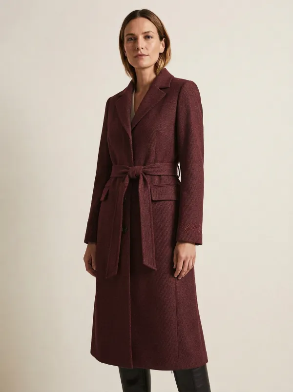 Women's Minimalist Leaf Embroidered Gray Belted Wool-Blend Coat