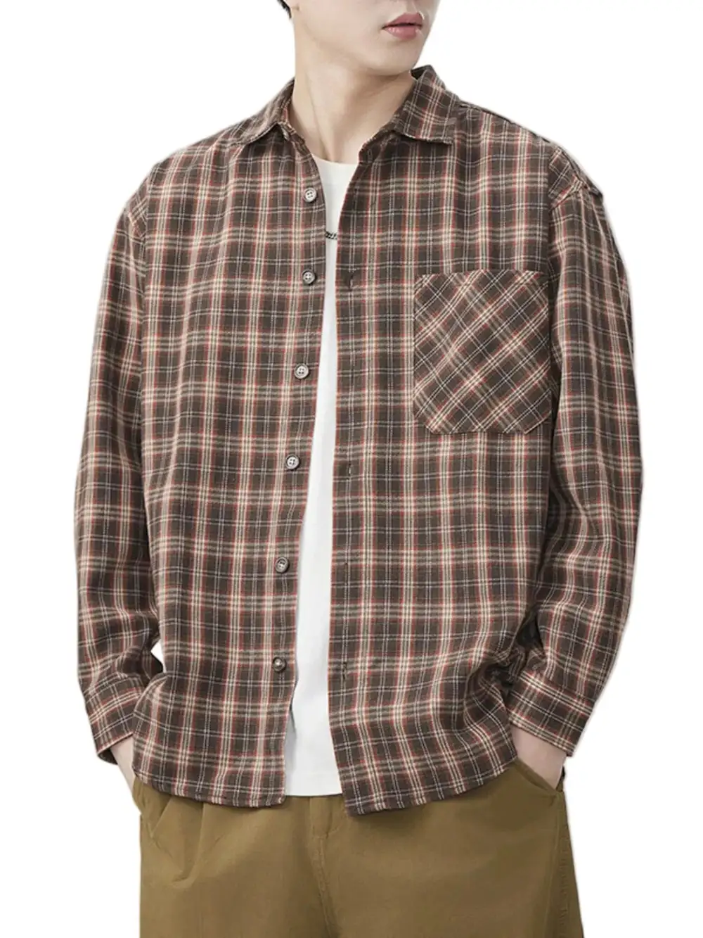 Pocket Detail Plaid Long Sleeve Shirt