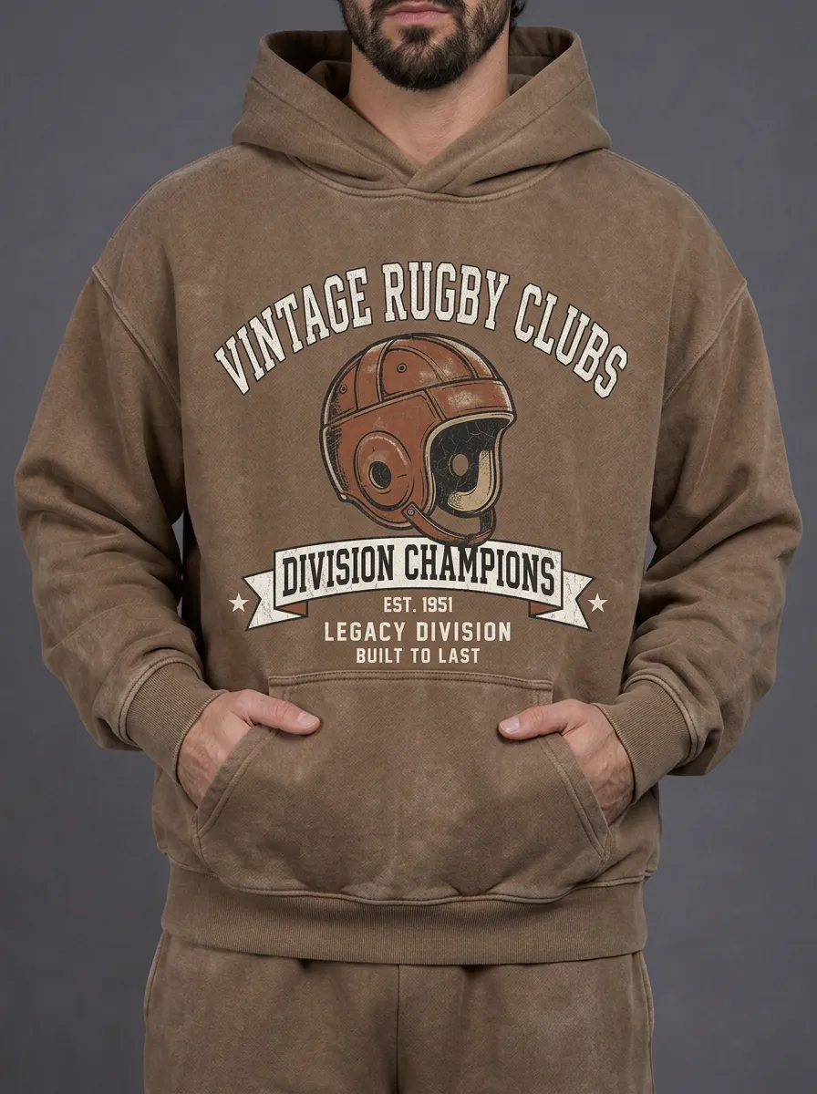 Men's Vintage Rugby Club Helmet Printed Hoodie