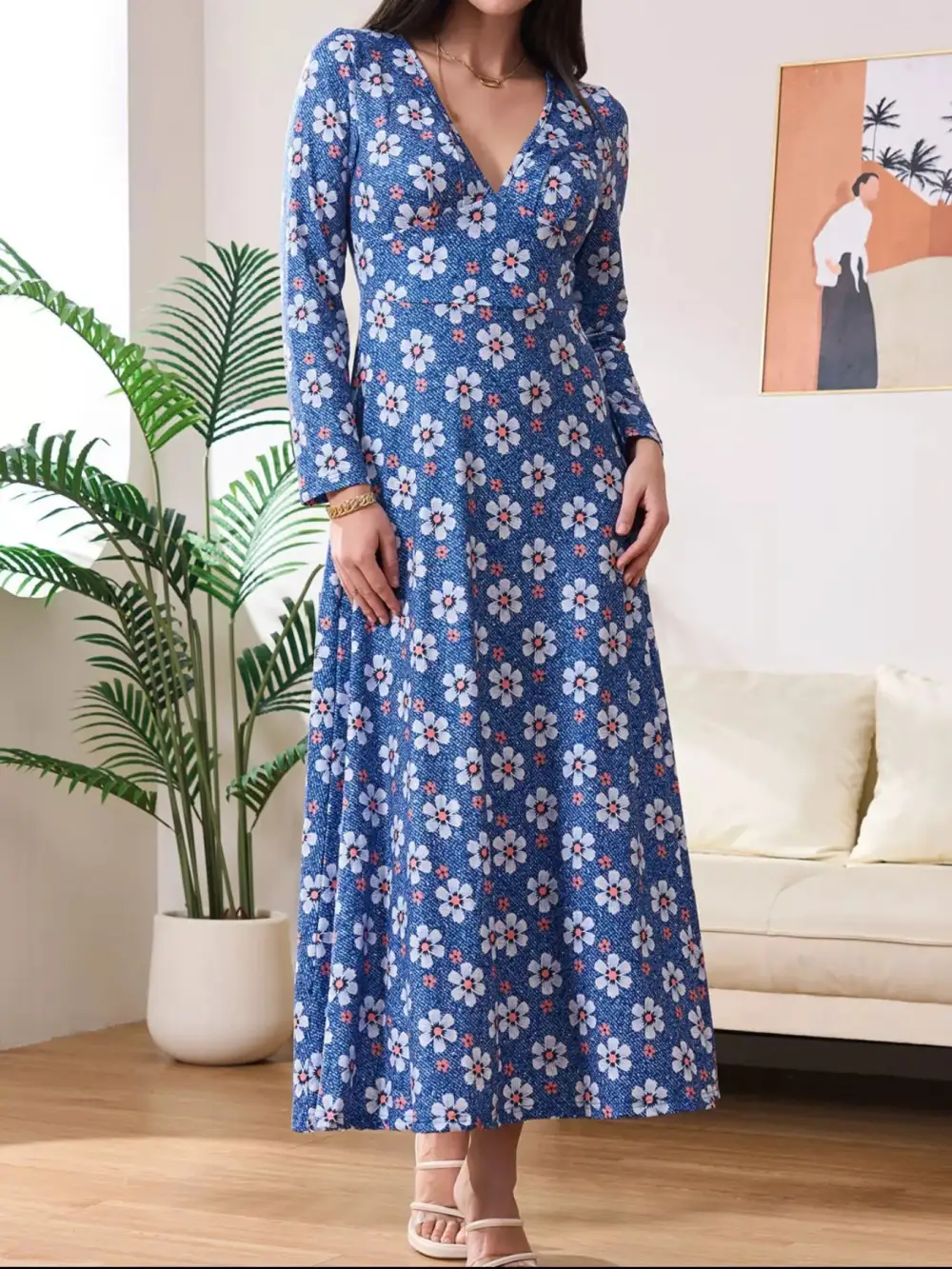 Print V-neck Long Sleeve Midi Dress