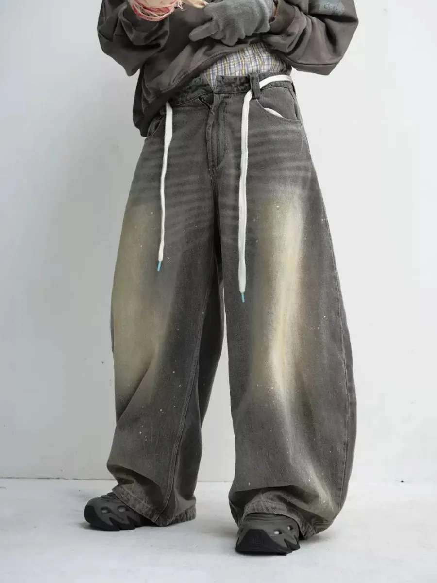 Wide-Leg Washed Drawstring Jeans