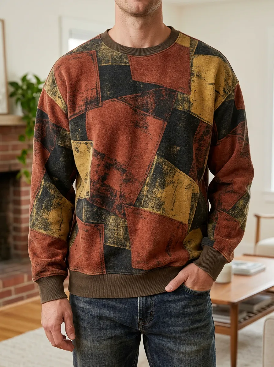 Men's Multi-Color Patchwork Print Crewneck Sweatshirt