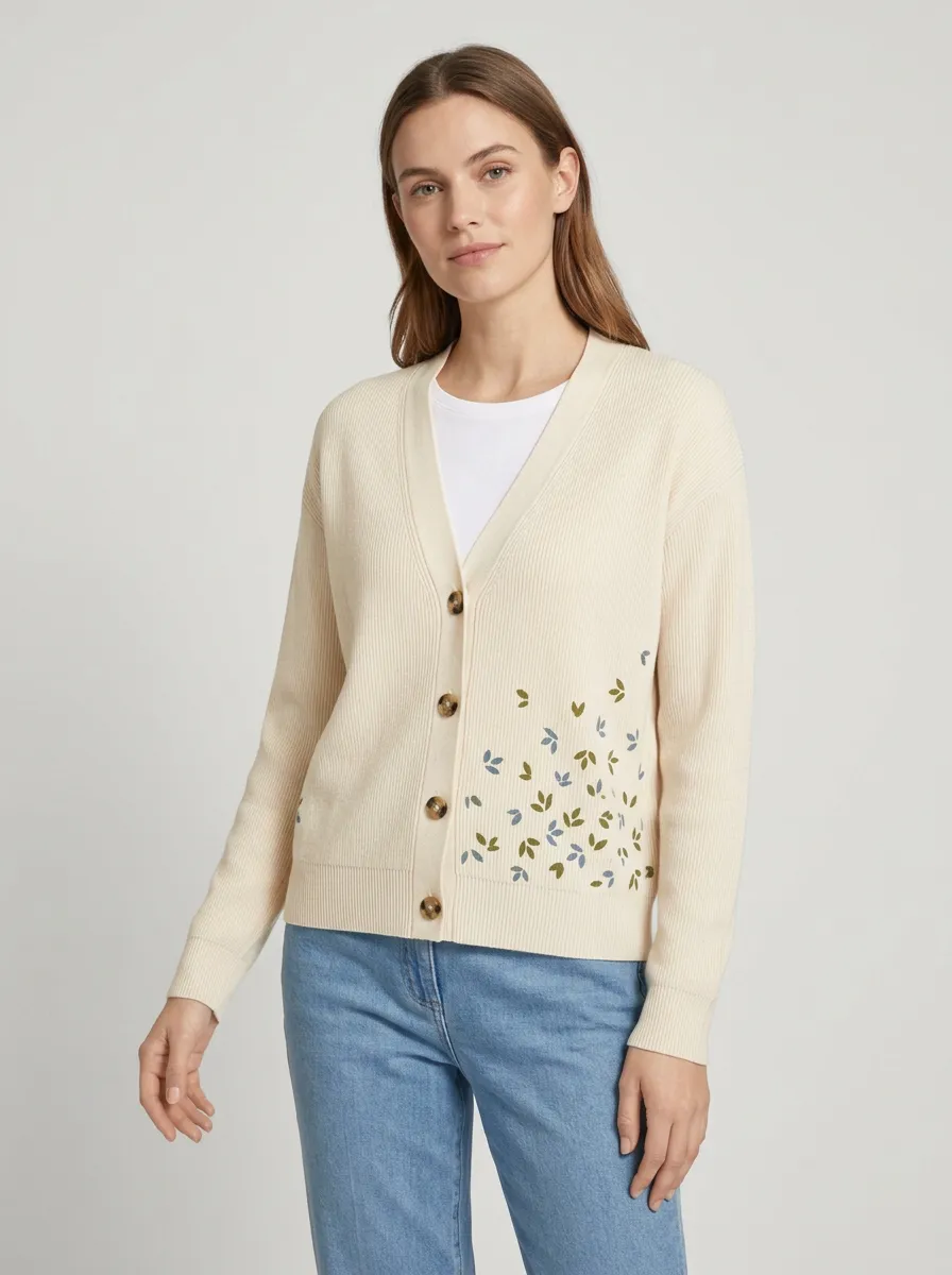 Women's Leaf-Embroidered V-Neck Cardigan
